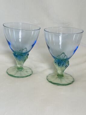 Vintage Bormioli Rocco "Bahia" Glass Wine Water Goblet Bi-Color Blue Green Set 2